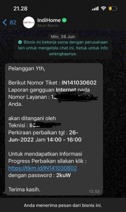 Konfirmasi tiket pengaduan dari IndiHome via WhatsApp: tangkapan layar dokpri