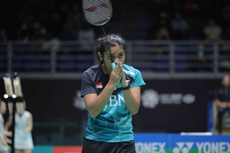 Gregoria Mariska lolos ke 8 besar Malaysia Open 2022 berhadapan lawan Akane Yamaguchi (Foto PBSI). 