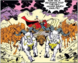 Thor saat mengendarai kereta dengan kedua kambing Toothgnasher dan Toothgrinder. Sumber : Marvel