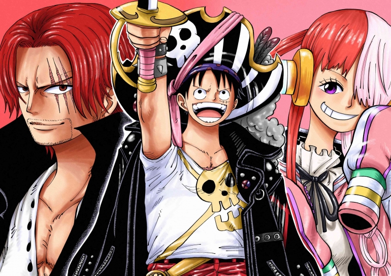 Illustrasi One Piece Film: Red yang menampilkan Shanks, Luffy dan Uta. (sumber: Dok. wall.alphacoders.com)