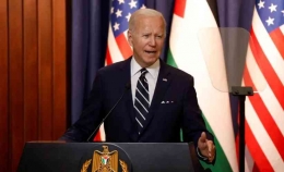 US President Joe Biden gives a statement, in Bethlehem in the Israeli-occupied West Bank July 15, 2022. (photo credit: REUTERS/MOHAMAD TOROKMAN)