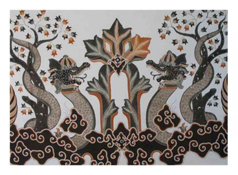 Batik Cirebon motif Naga Silam, yang di bawah posisi kedua Naga adalah batu karang atau motif Wadasan, bukan Mega Mendung. (Foto: infobatik.id) 