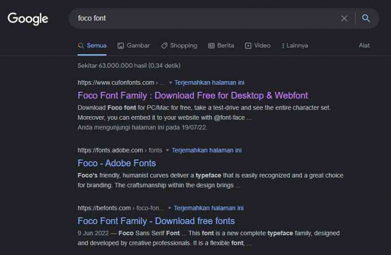 Hasil Penelusuran Fon Foco via Google | Tangkapan Layar