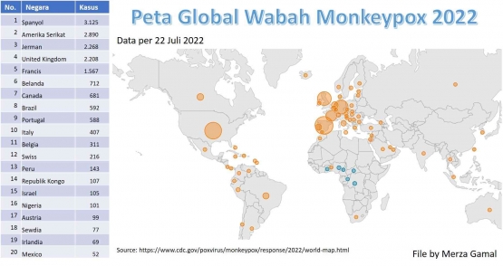 Image: Peta global dan 20 besar negara yang  memiliki kasus monkeypox (File by Merza Gamal)