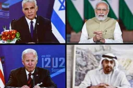 Para pemimpin kelompok I2U2 dari (kiri ke kanan dan bawah) Israel, India, AS dan UEA pada KTT I2U2 virtual pada tanggal July 14. | Sumber: https://theshillongtimes.com/ 