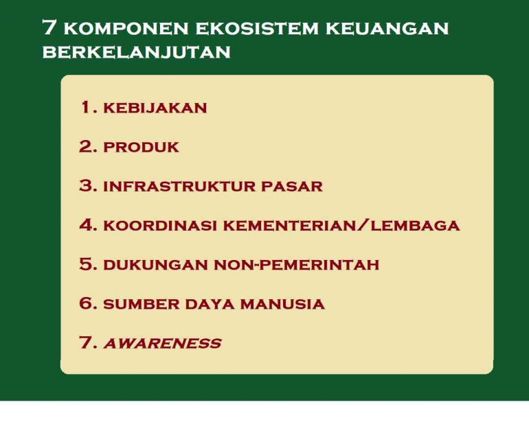 Tujuh komponen ekosistem  dalam Roadmap Keuangan Berkelanjutan II, OJK (Infografis:Dokpri).