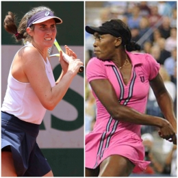 Petenis Kanada Rebecca Marino(kiri) singkirkan petenis AS Venus Williams di putaran pertama Washington Terbuka 2022. Sumber foto : en.m.wikipedia.org