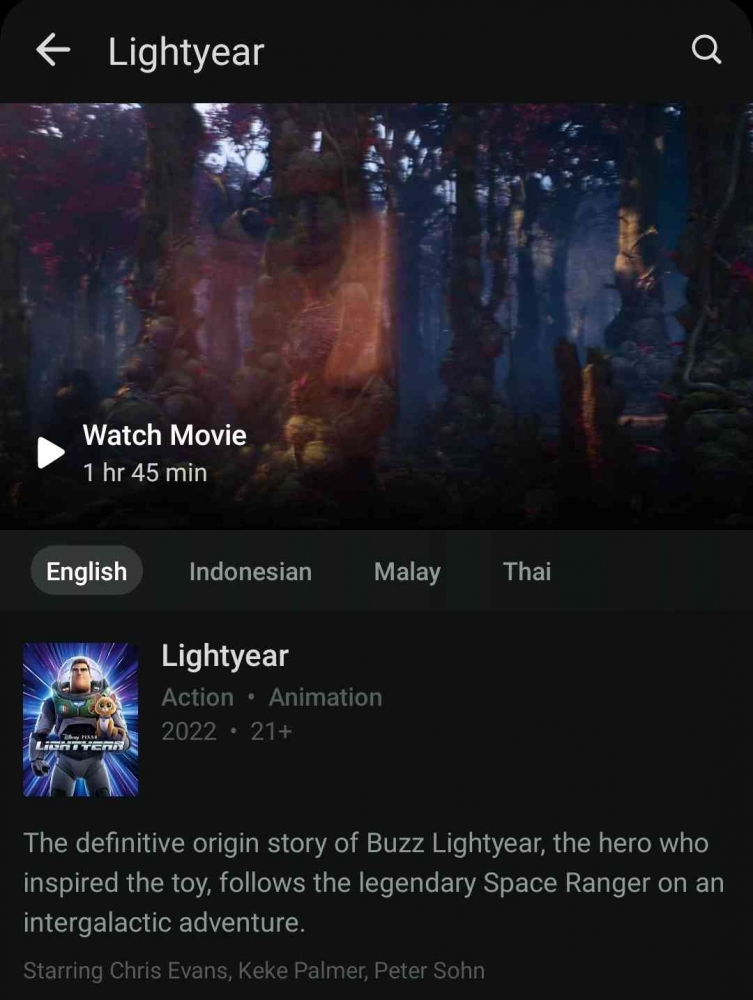 Tangkapan layar film Lightyear di aplikasi Disney+ Hotstar dengan klasifikasi usia 21+ (sumber: screen capture pribadi)