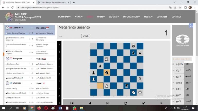 (Indonesia Vs Costa Rica | Dok: pribadi/tangkapan layar chessolympiad.fide.com)