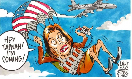 Ilustrasi kunjungan Ketua DPR AS, Nancy Pelosi ke Taiwan (Cartoon: Carlos Latuff-Global Time, 2 Agustus 2022)