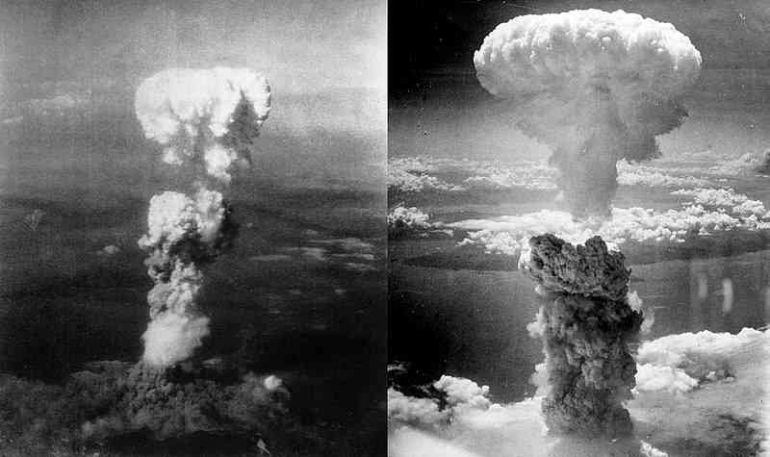 Awan jamur bom atom di langit Hiroshima (kiri) dan Nagasaki (kanan) Agustus 77 tahun lalu | sumber Wikipedia.org 