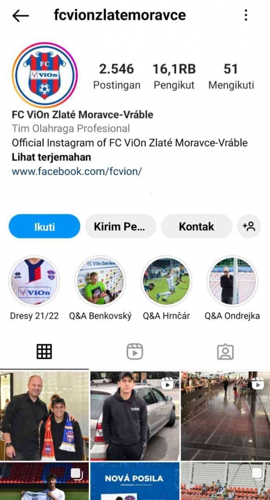 Instagram klub FC Vion Zlate Moravce per tanggal 8 Agustus 2022 masih diikuti sebanyak 16 ribu ( Tangkapan layar instagram FC Vion )