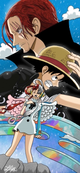 One Piece FILM: RED Shanks, Luffy, Uta Fanart Wallpaper Mobile. (Sumber: DeviantArt by Krelom)