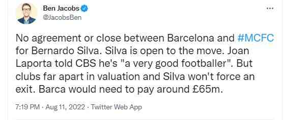 Ben Jacobs memberikan informasi terkait kepindahan Bernardo Silva ke Barcelona. (Twitter @JacobsBen)