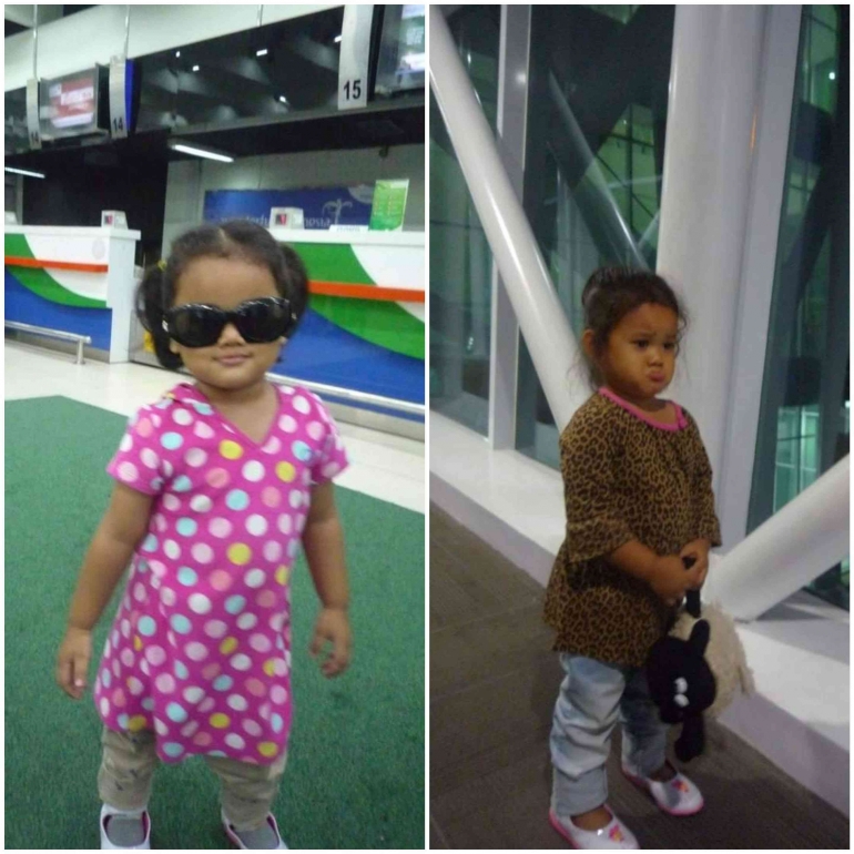 Kiri: Putri Kecil di Bandara Soekarno Hatta, Tangerang. Kanan: Putri Kecil di Bandara Sepinggan, Balikpapan. (Dokpri)