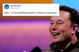 Di Tweeter  Musk bercanda tentang akan membeli M U (Sumber: Reuters) via news18.com