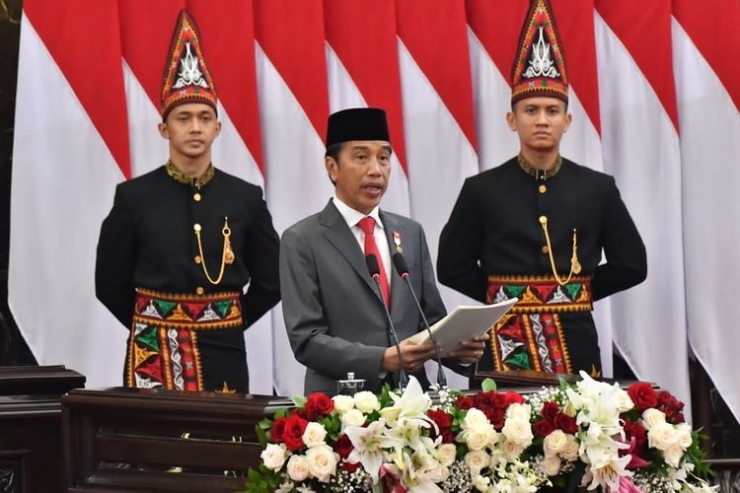 Presiden Joko Widodo saat pidato kenegaraan tentang RAPBN 2023 beserta nota keuangannya di Gedung Parlemen Jakarta, Selasa (16/8/2022).(FOTOGRAFER PRIBADI PRESIDEN/AGUS SUPARTO via kompas.com)
