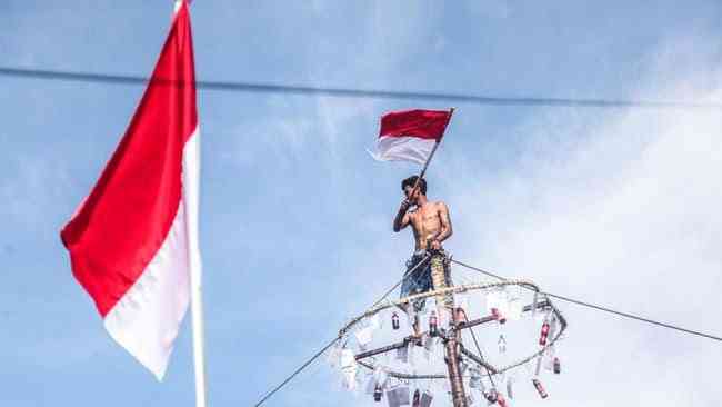 Seseorang berhasil meraih puncak pada lomba panjat pinang dengan bendera Indonesia (sumber: detik.com)