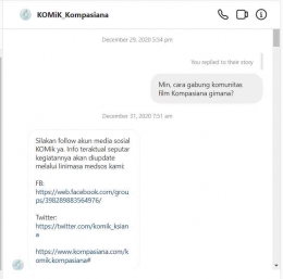 Saya yang penasaran akhirnya langsung mengirim DM kepada mimin Instagram KOMIK. Sumber : Screenshoot pribadi