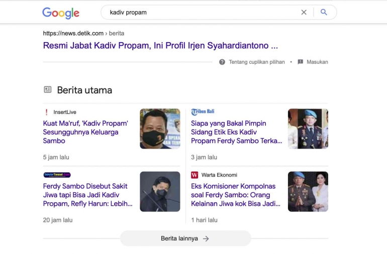 Screenshot Google pada kata kunci Kadiv Propam