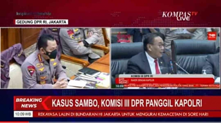 Kapolri Jenderal Listyo Sigit Prabowo, memberi penjelasan Kasus Ferdy Sambo di Komisi III DPR RI, Rabu (24/8/22). Sumber: Tangkap Layar KompasTV.