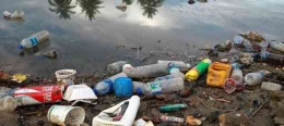 Botol plastik dan sampah dari sebuah sungai hendak memasuki laut. | Sumber:  UN Photo Martine Perret