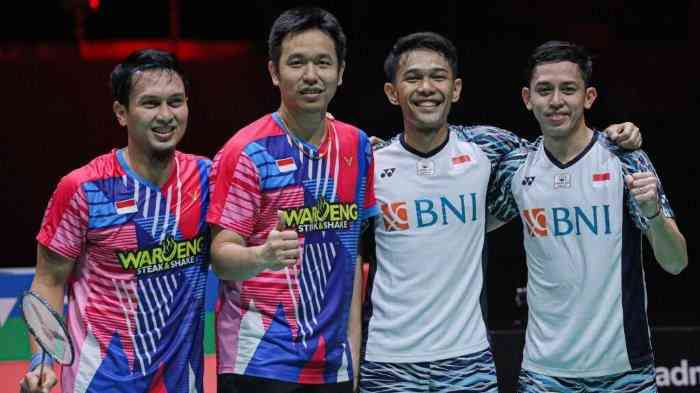 Sosok ganda putra Indonesia, Ahsan/Hendra dan Fajar/Rian yang akan bentrok di semifinal esok (sumber: tribunnews.com)