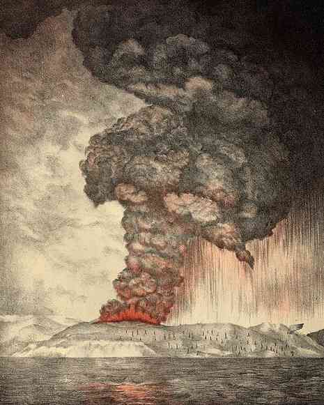 Litografi letusan Krakatau (circa 1888, by: wikiwand)