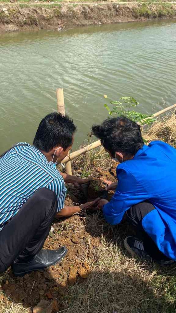 Bersama menanam bibit pohon di pinggiran sungai area Wisata Air Clawer, Desa Karanggedang. (dokpri)