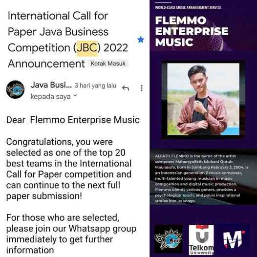 Pengumuman Flemmo Enterprise Music Finalis 20 Startup Terbaik Internasional Java Business Competition JBC 2022 SEARCH Telkom University