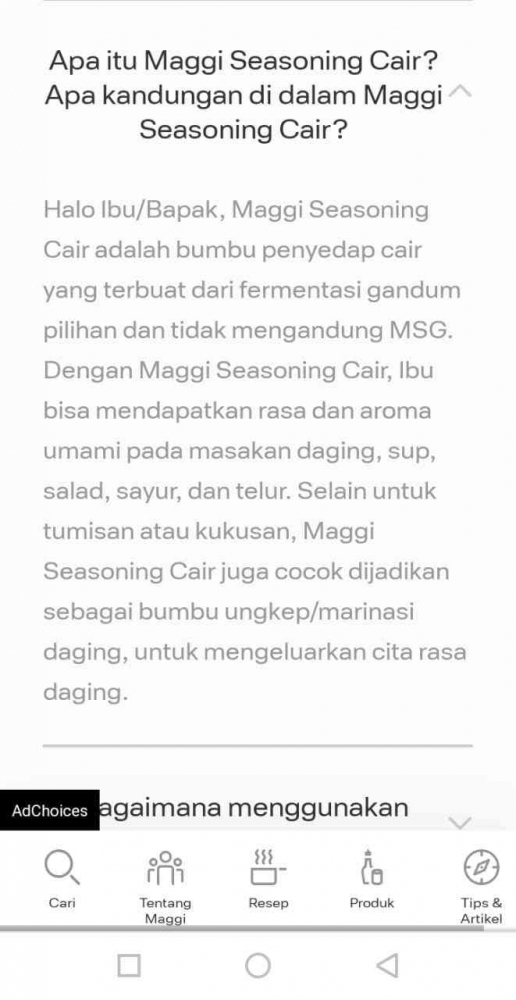 Tangkap layar Tabel seputar Maggi Seasoning https://www.maggi.id/pertanyaan-yang-sering-ditanyakan-maggi/#:~:text=Halo%20Ibu%2FBapak%2C%20Maggi%20Seasoning,salad%2C%20sayur%2C%20dan%20telur.