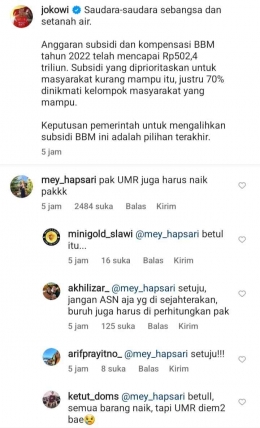 Postingan instagram Presiden Jokowi yang diserbu netizen (screenshoot akun instagram @jokowi