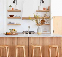 Desain dapur minimalis dengan sentuhan kayu ekspos, Foto : bodyartstyle.com 