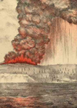 Litografi letusan gunung Krakatau  Agustus 1883 paling dahsyat dalam sejarah. © Arsip Hulton/Getty Images