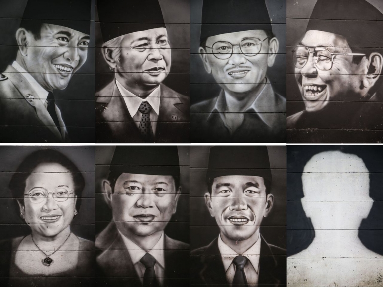 Rangkaian foto lukisan para presiden Republik Indonesia tergambar di sebuah tembok di kawasan Cipondoh, Tangerang, Banten, Rabu (18/8/2021) (KOMPAS/HENDRA A SETYAWAN)