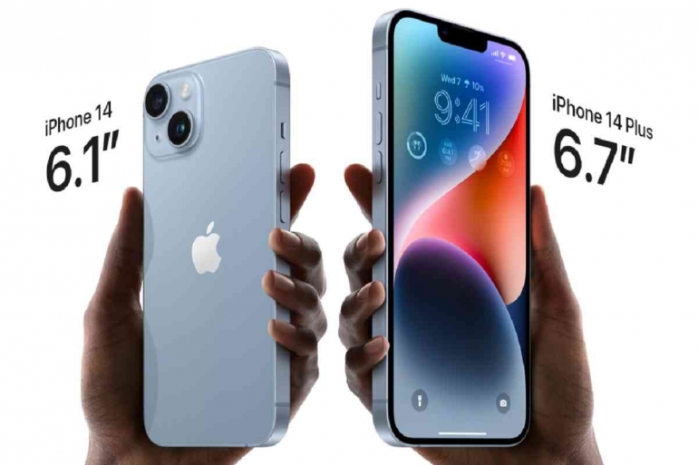 Perbandingan ukuran iPhone 14 dengan iPhone 14 Plus. Sumber: Apple.com