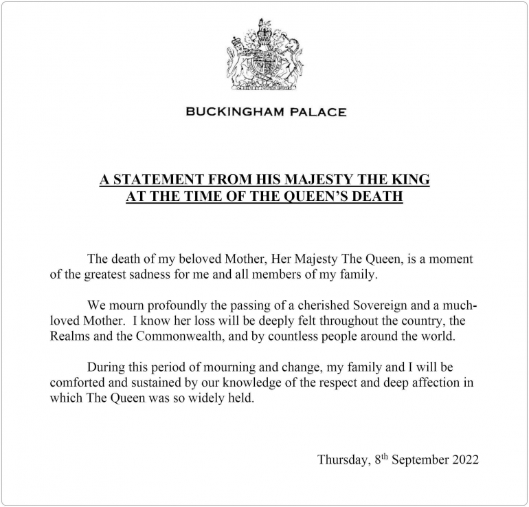 Pernyataan resmi Raja Charles III dari Istana Buckingham. Sumber: @royalfamily / www.twitter.com