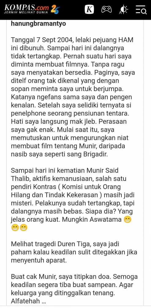 Tangkapan layar posting instagram Hanung Bramantyo, dari Kompas.com