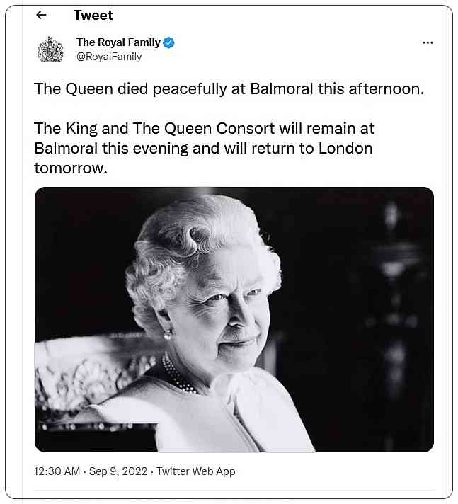 Berita pertama tentang wafatnya Ratu Elizabeth II via twitter. Sumber: @royalfamily/www.twitter.com