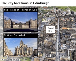 Peta Istana Holyroodhouse dan Katedral St. Giles di Edinburgh, Skotlandia. | Google/Getty via BBC.com