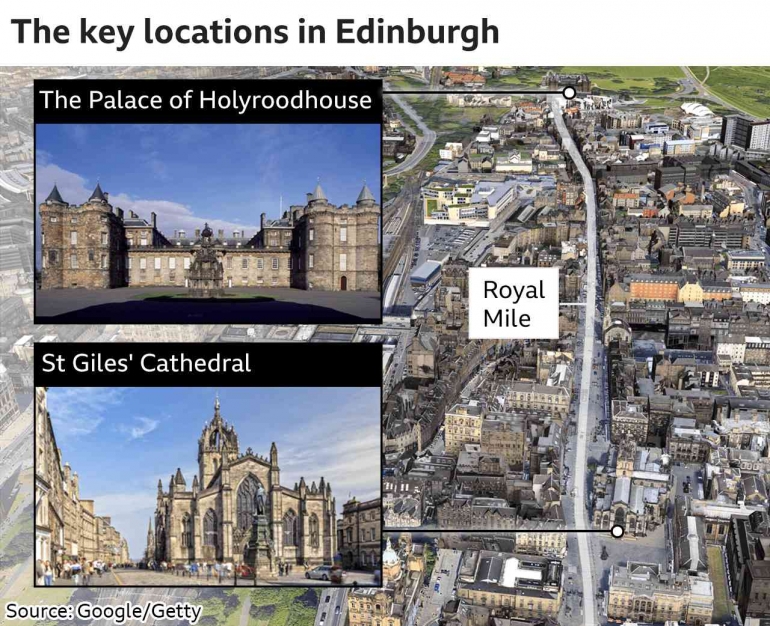 Peta Istana Holyroodhouse dan Katedral St. Giles di Edinburgh, Skotlandia. | Google/Getty via BBC.com