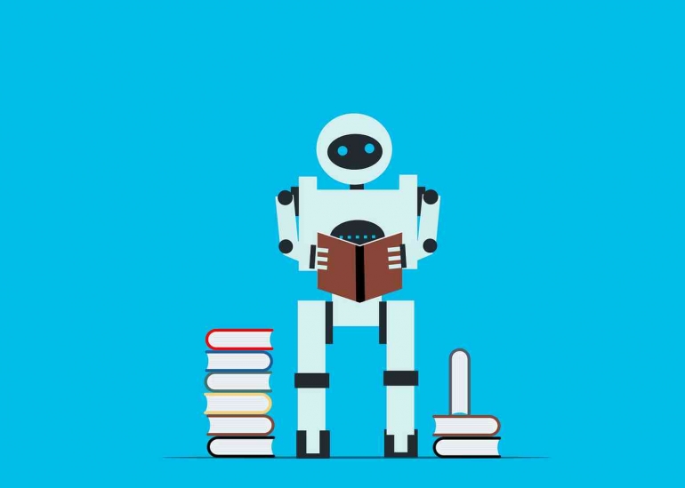 Robot Membaca (Sumber Gambar: https://pixabay.com/id/vectors/robot-membaca-pembelajaran-mesin-6871146/)