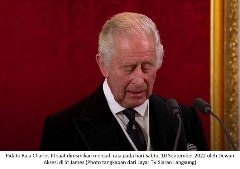Image: Raja Charles III menyampaikan sambutan setelah  pengumuman resmi oleh Dewan Aksesi di St James (Photo tangkapan layar TV)