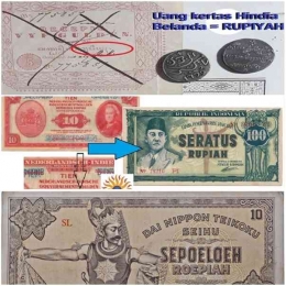 Uang kertas  bertuliskan Rupiyah (atas) danj Roepiah (bawah)/Sumber: materi Pak Uno/atas dan Museum BI /bawah