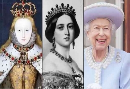 Mulai dari kiri: Elizabeth I, Ratu Victoria, dan Ratu Elizabeth II. (Dok historyanswers.co.uk|www.vulture.com| PA/JONATHAN BRADY via AP/Kompas.com diolah pribadi)
