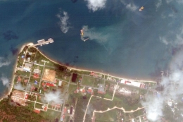 Gambar satelit dari Planet Labs PBC ini menunjukkan pangkalan angkatan laut Kamboja di Ream, Kamboja, 25 April 2022. (PLANET LABS PBC via AP PHOTO via KOMPAS.com) 