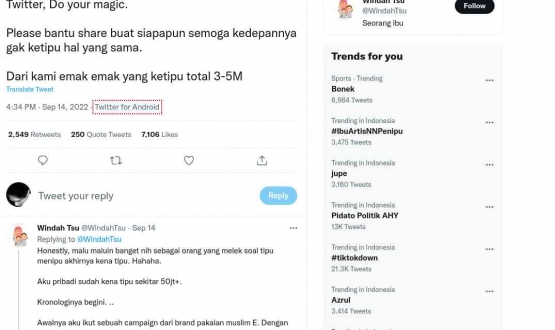 Salah satu postingan korban Penipuan berkedok reimburse dan trending topik Indonesia