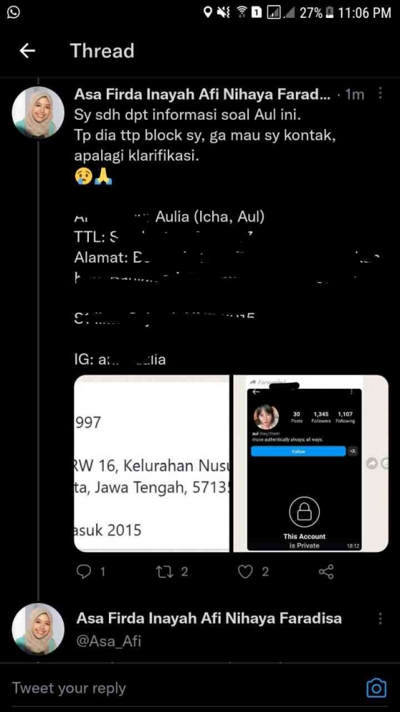 Doxing Afi terhadap Aul. Sumber: Twitter @Asa_Afi (sudah dihapus)