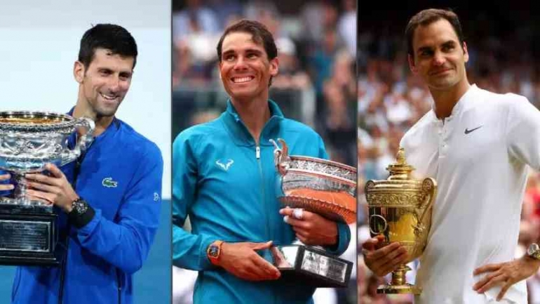  Novak Djokovic, Rafael Nadal, dan Roger Federer merupakan tiga petenis populer masa kini. : Foto via indosport.