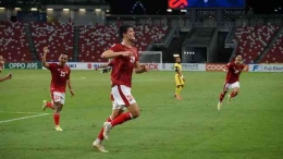 Elkan Baggott berselebrasi gol dalam turnamen Piala AFF 2021 (Foto PSSI.org). 
